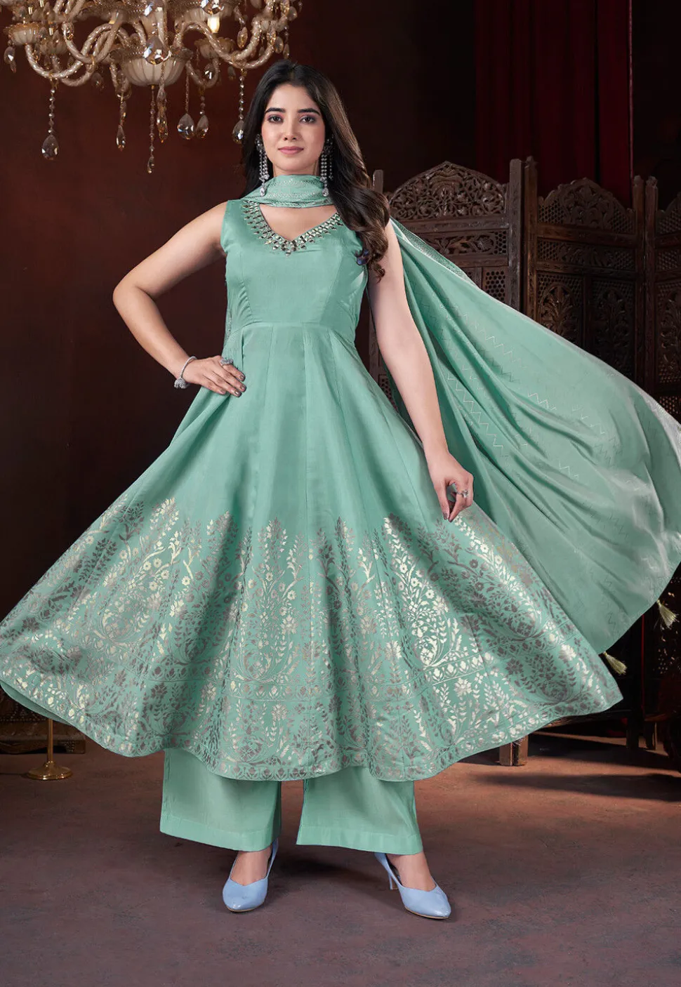Foil Printed Art Silk Anarkali Suit in Sea Green