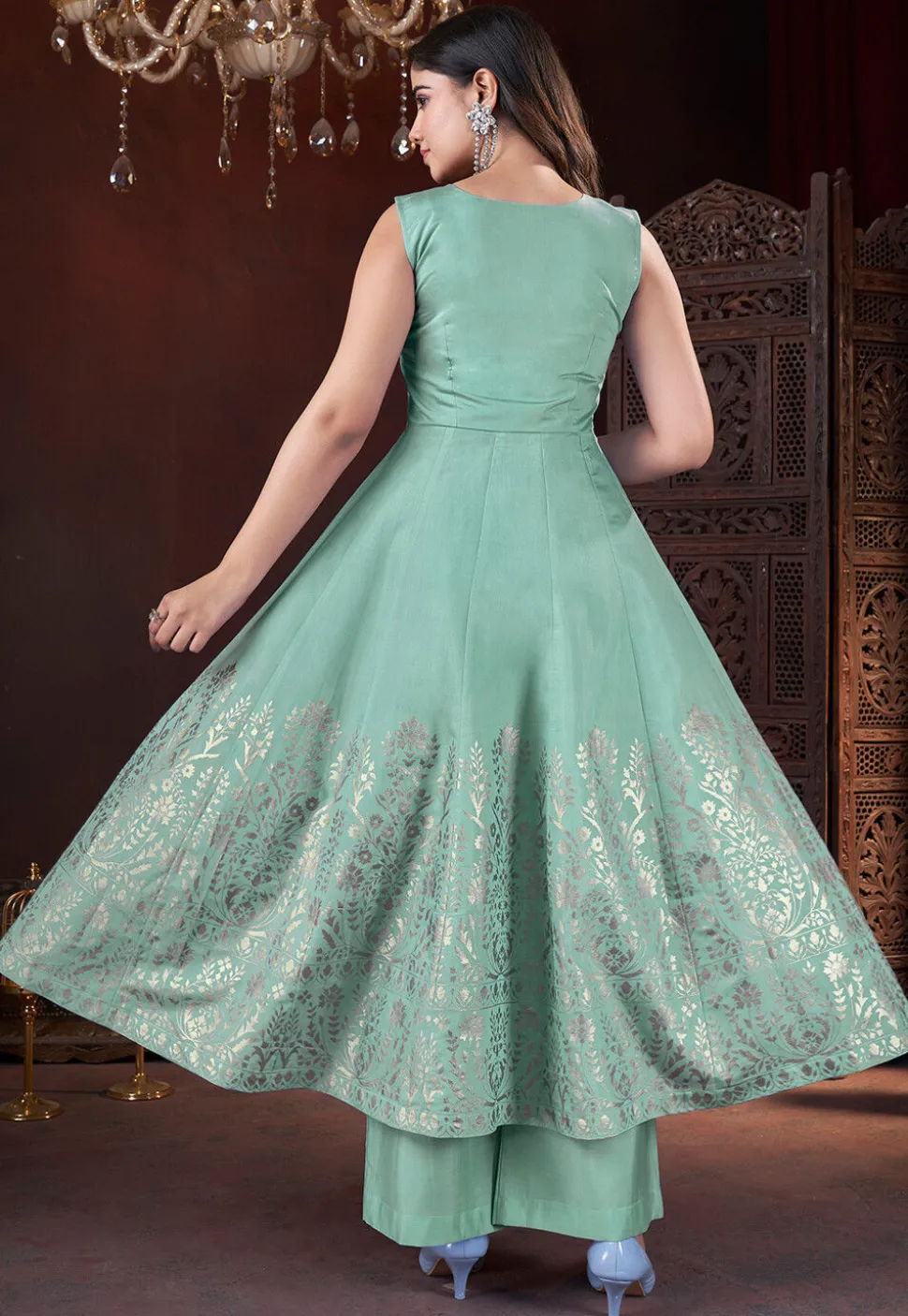 Foil Printed Art Silk Anarkali Suit in Sea Green