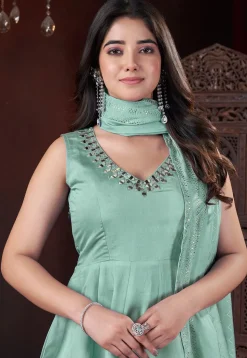 Foil Printed Art Silk Anarkali Suit in Sea Green