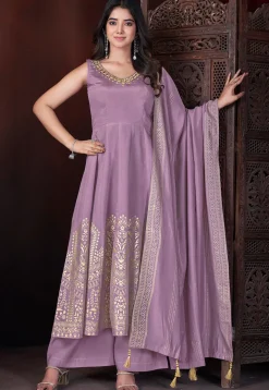 Foil Printed Art Silk Anarkali Suit in Purple