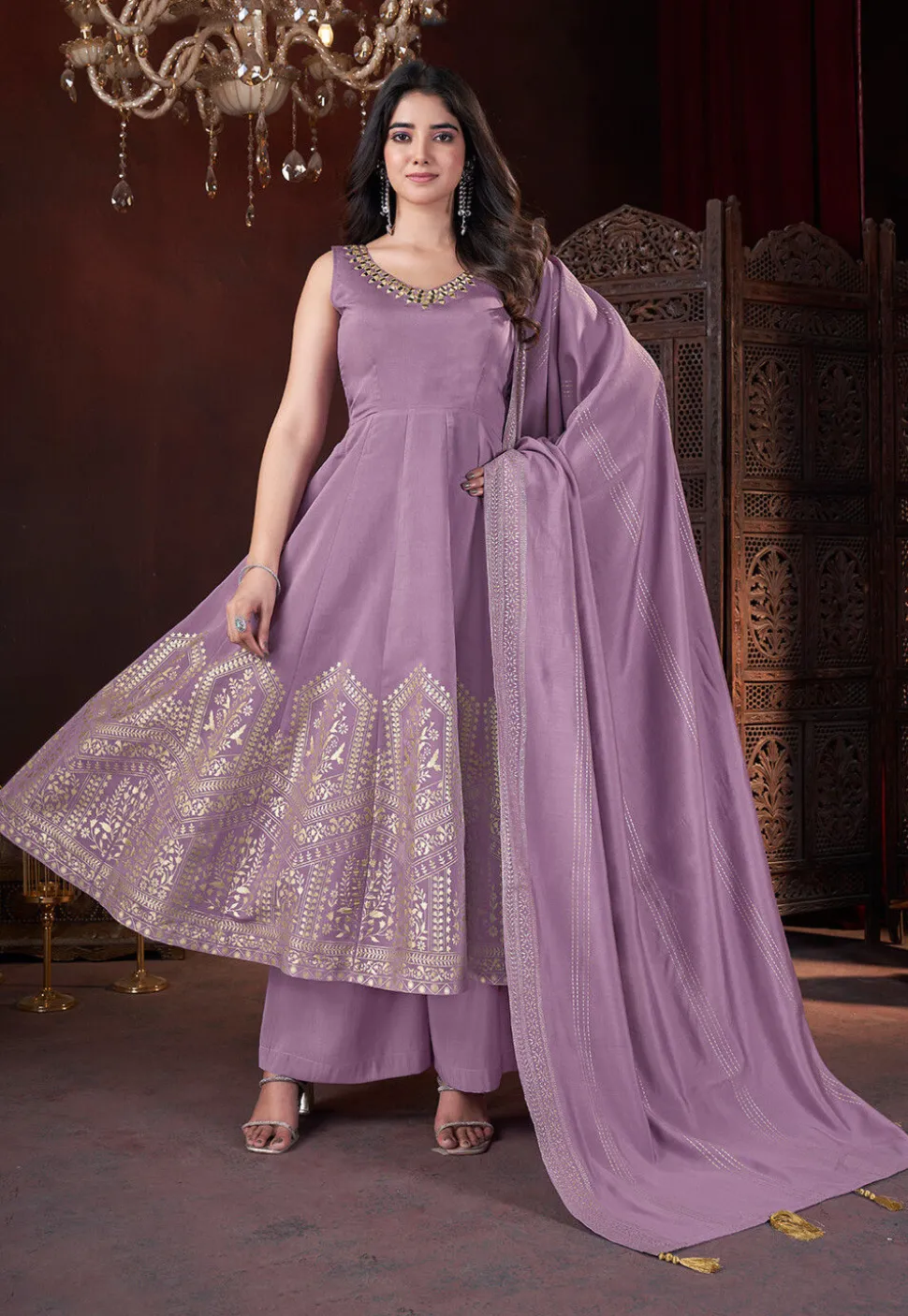 Foil Printed Art Silk Anarkali Suit in Purple