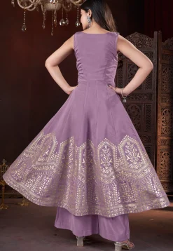 Foil Printed Art Silk Anarkali Suit in Purple