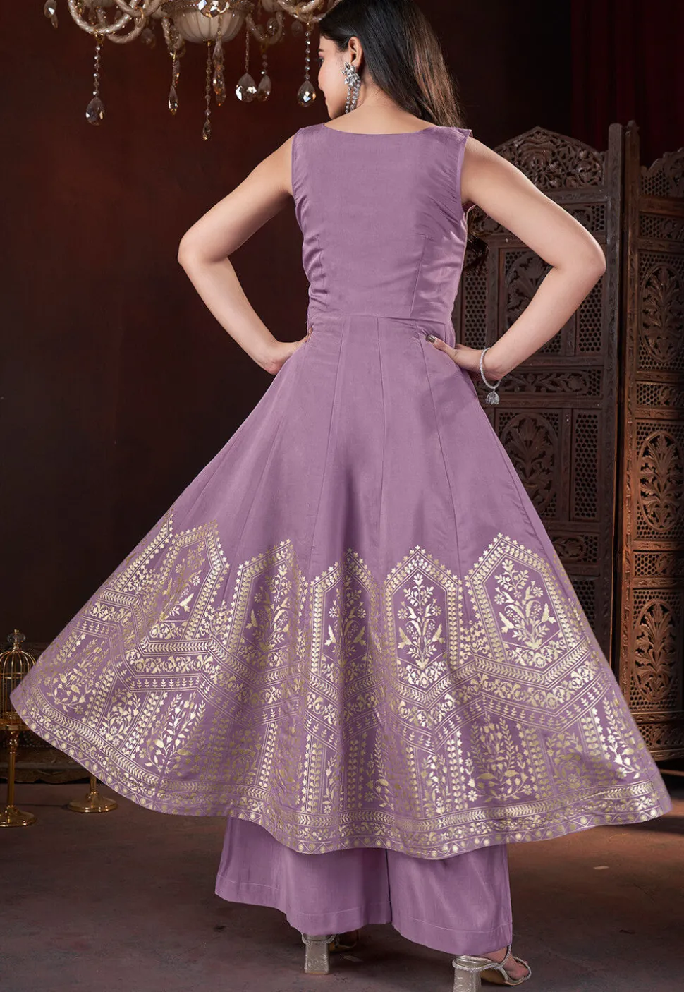 Foil Printed Art Silk Anarkali Suit in Purple