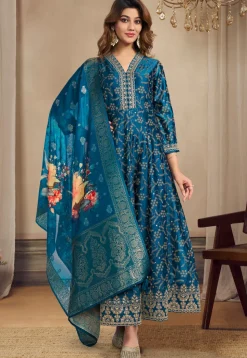 Foil Printed Art Silk Anarkali Suit in Teal Blue