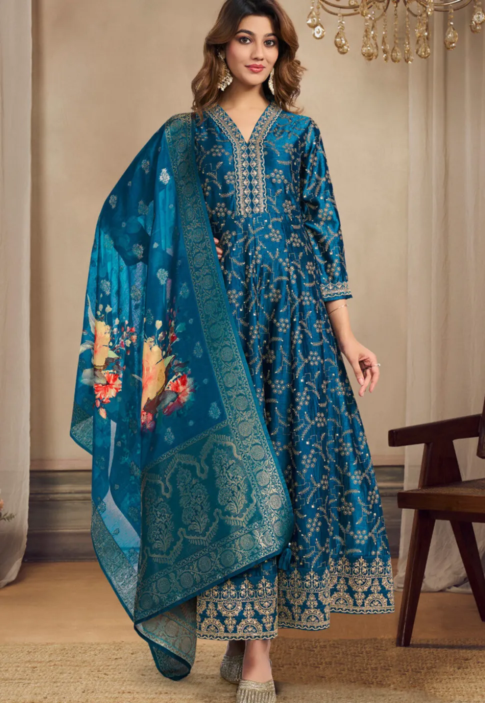 Foil Printed Art Silk Anarkali Suit in Teal Blue