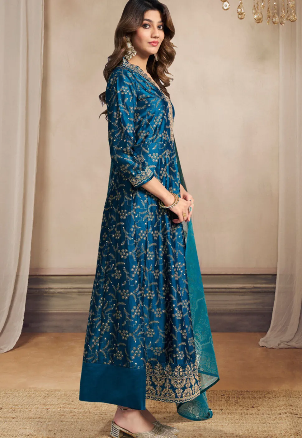 Foil Printed Art Silk Anarkali Suit in Teal Blue