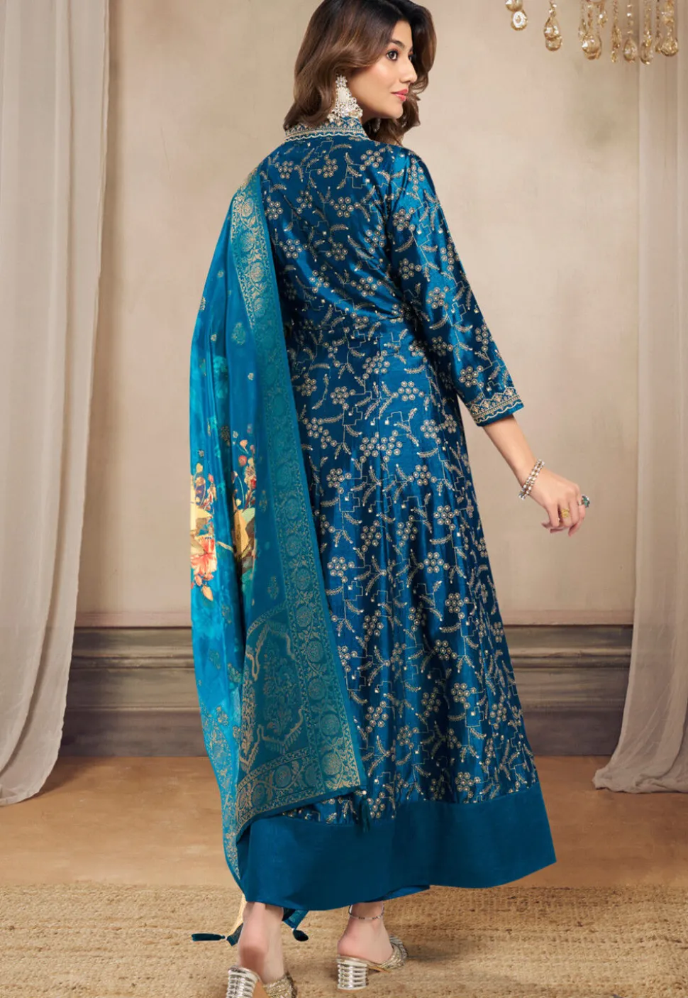 Foil Printed Art Silk Anarkali Suit in Teal Blue