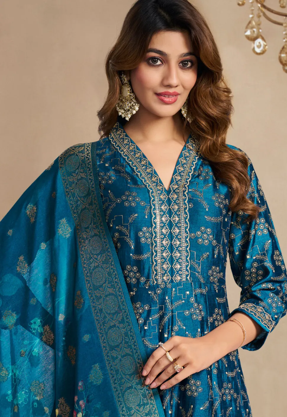 Foil Printed Art Silk Anarkali Suit in Teal Blue