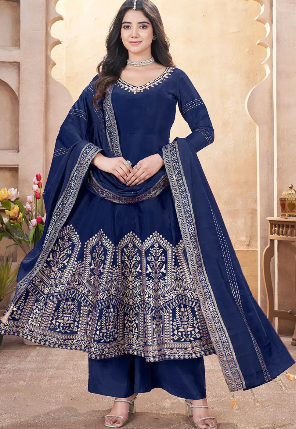 Foil Printed Art Silk Anarkali Suit in Navy Blue