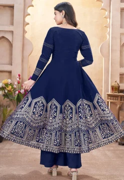 Foil Printed Art Silk Anarkali Suit in Navy Blue