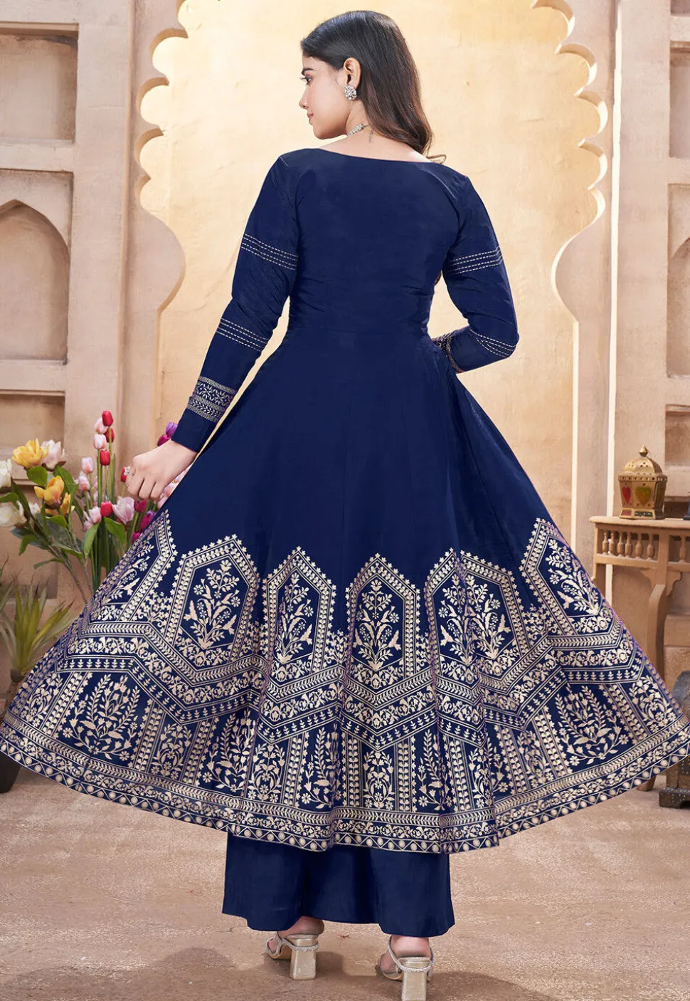 Foil Printed Art Silk Anarkali Suit in Navy Blue