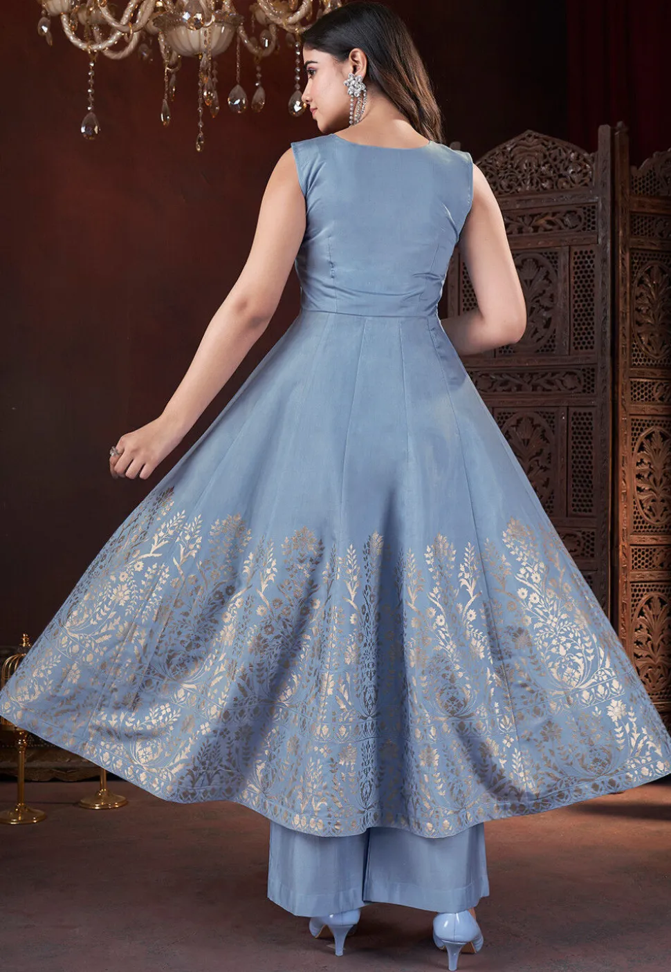 Foil Printed Art Silk Anarkali Suit in Blue