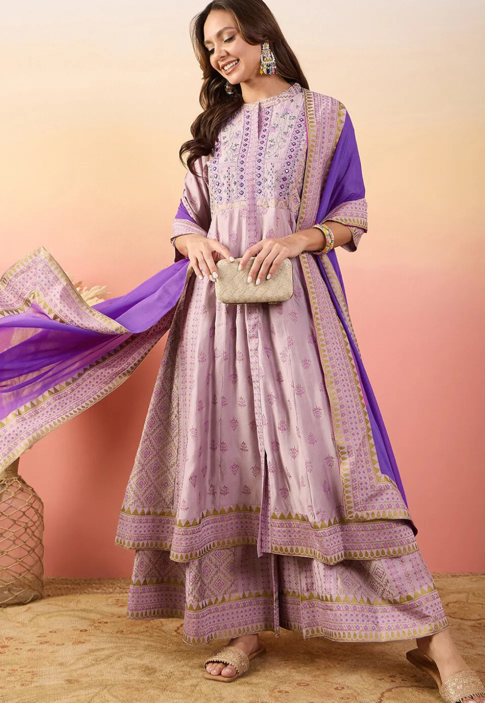 Foil Printed Art Silk Anarkali Suit in Light Purple