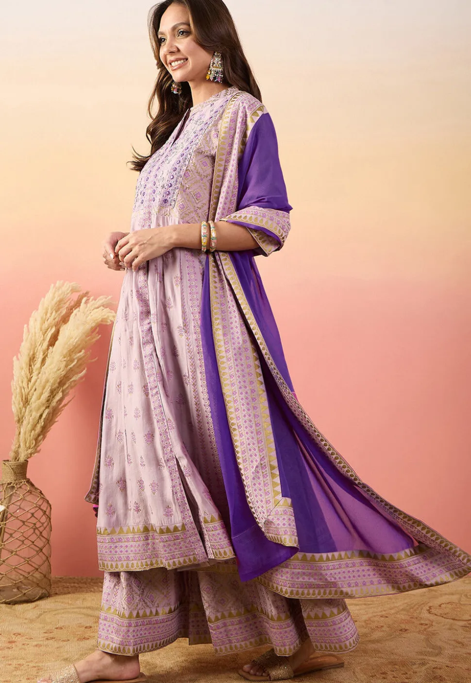 Foil Printed Art Silk Anarkali Suit in Light Purple