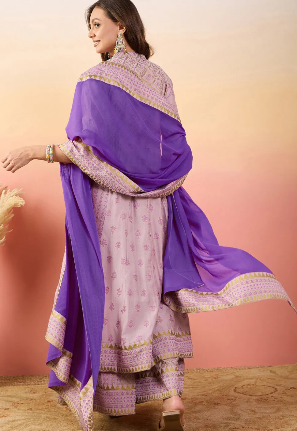 Foil Printed Art Silk Anarkali Suit in Light Purple