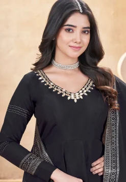 Foil Printed Art Silk Anarkali Suit in Black