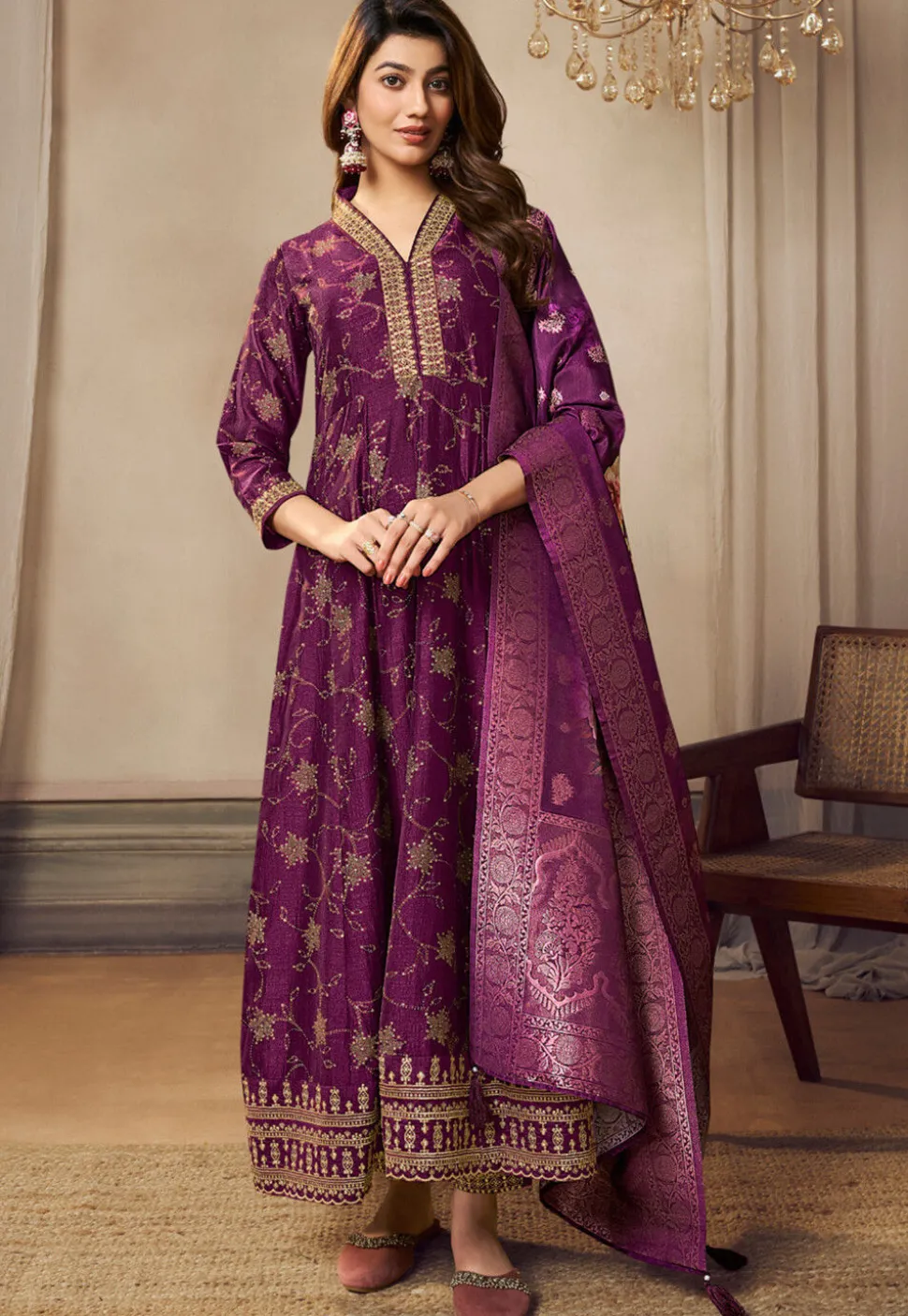 Foil Printed Art Silk Anarkali Suit in Purple