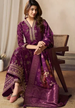 Foil Printed Art Silk Anarkali Suit in Purple