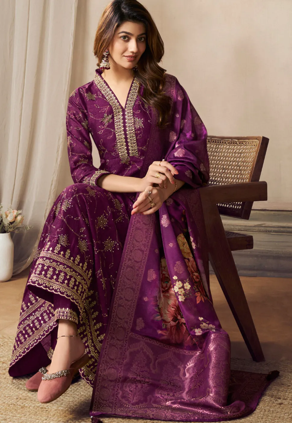 Foil Printed Art Silk Anarkali Suit in Purple