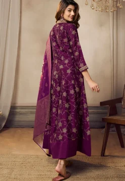 Foil Printed Art Silk Anarkali Suit in Purple
