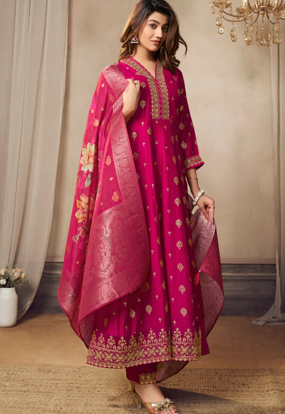 Foil Printed Art Silk Anarkali Suit in Pink
