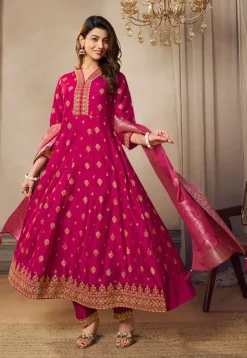 Foil Printed Art Silk Anarkali Suit in Pink