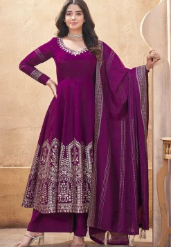 Foil Printed Art Silk Anarkali Suit in Purple