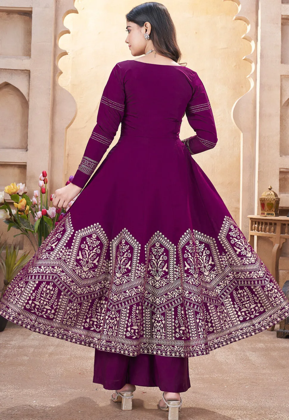 Foil Printed Art Silk Anarkali Suit in Purple