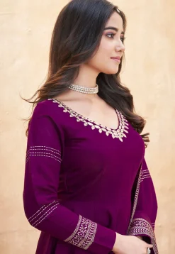 Foil Printed Art Silk Anarkali Suit in Purple
