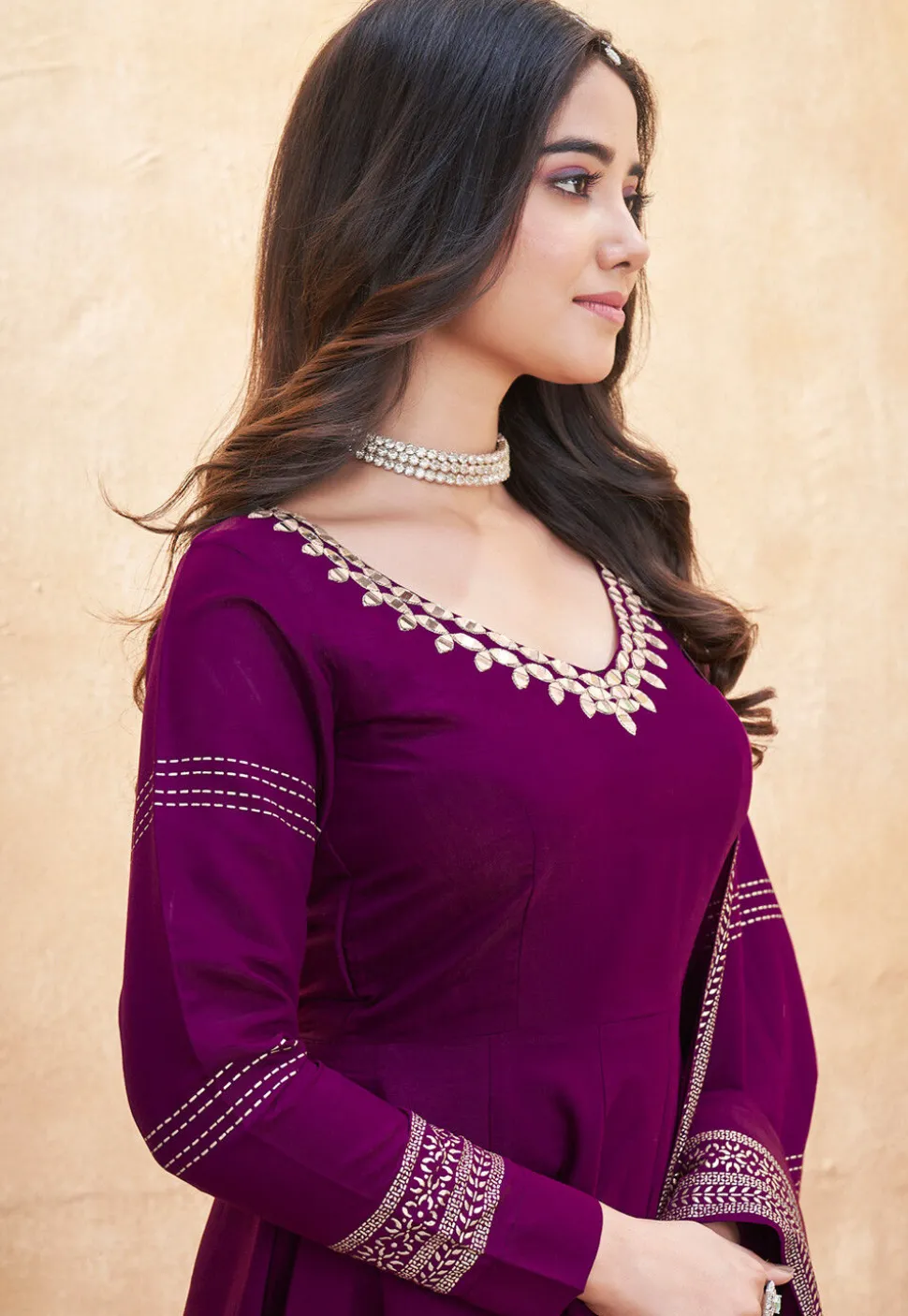 Foil Printed Art Silk Anarkali Suit in Purple