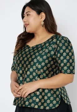 Foil Printed Art Silk Blouse in Dark Green