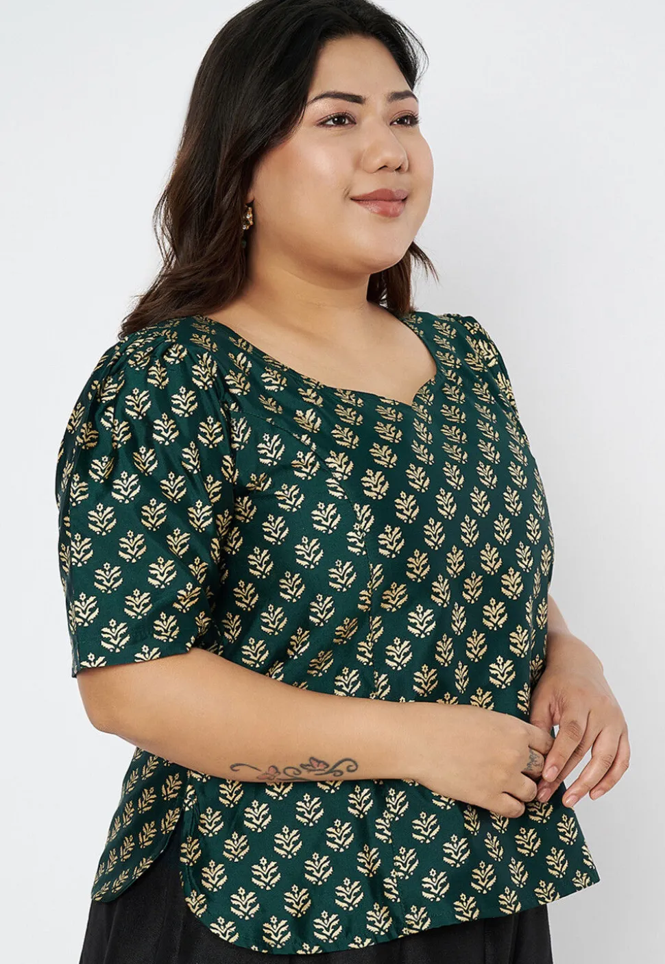 Foil Printed Art Silk Blouse in Dark Green