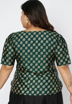 Foil Printed Art Silk Blouse in Dark Green