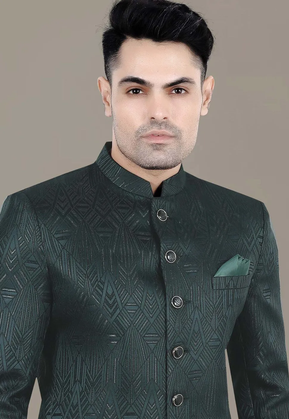 Foil Printed Art Silk Jacquard Jodhpuri Jacket in Dark Green