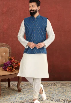 Foil Printed Art Silk Jacquard Nehru Jacket in Blue