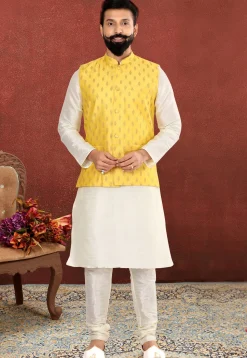 Foil Printed Art Silk Jacquard Nehru Jacket in Yellow