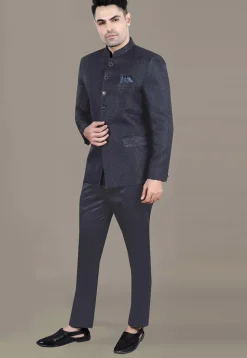 Foil Printed Art Silk Jacquard Jodhpuri Jacket in Navy Blue