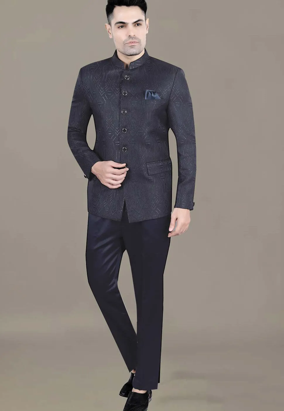 Foil Printed Art Silk Jacquard Jodhpuri Suit in Navy Blue
