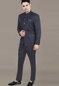 Foil Printed Art Silk Jacquard Jodhpuri Suit in Navy Blue
