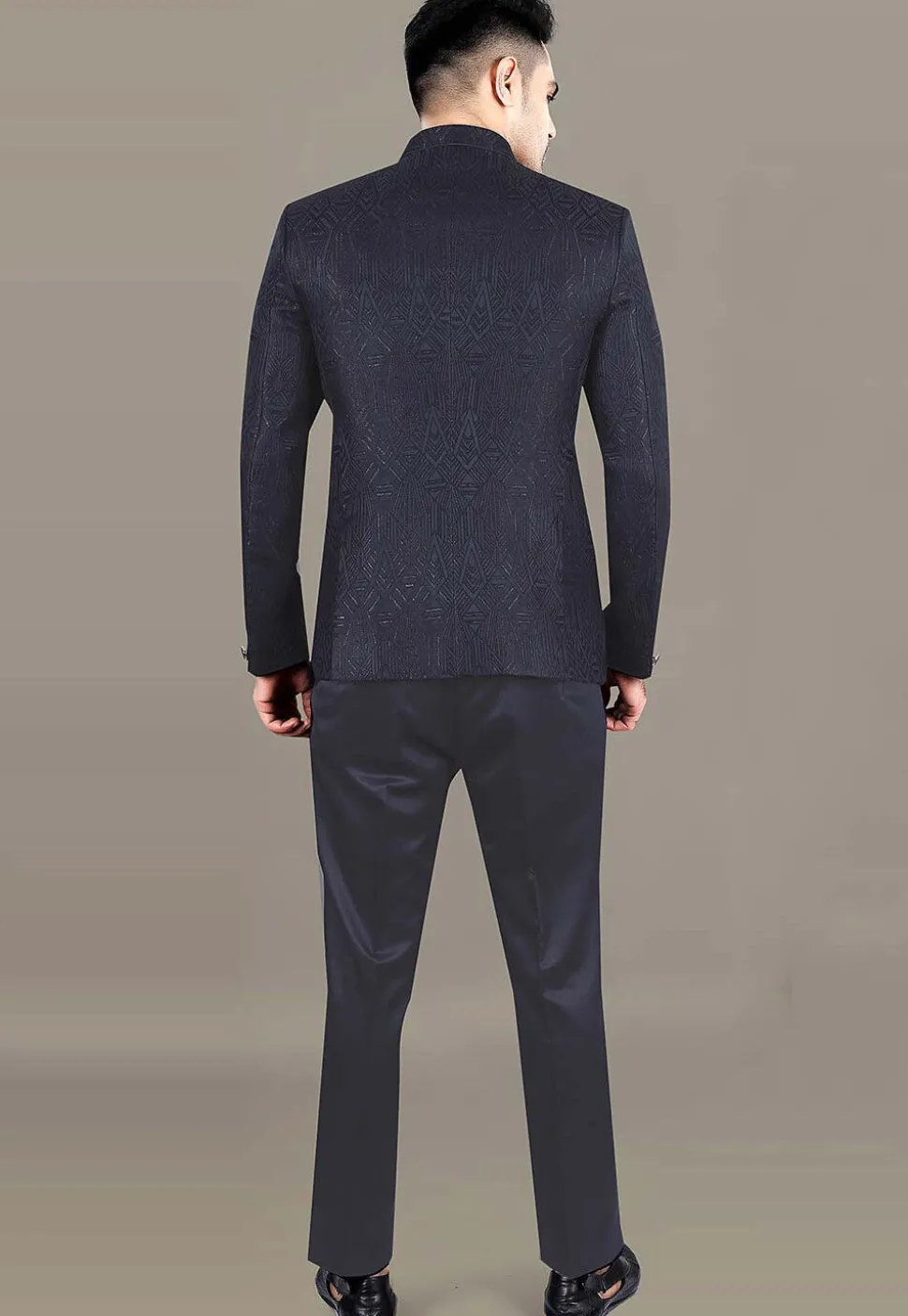 Foil Printed Art Silk Jacquard Jodhpuri Suit in Navy Blue