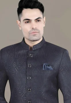 Foil Printed Art Silk Jacquard Jodhpuri Suit in Navy Blue