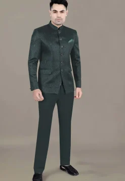 Foil Printed Art Silk Jacquard Jodhpuri Suit in Dark Green