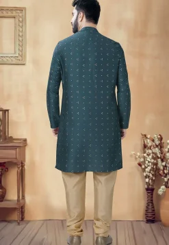 Foil Printed Art Silk Kurta Set in Teal Blue