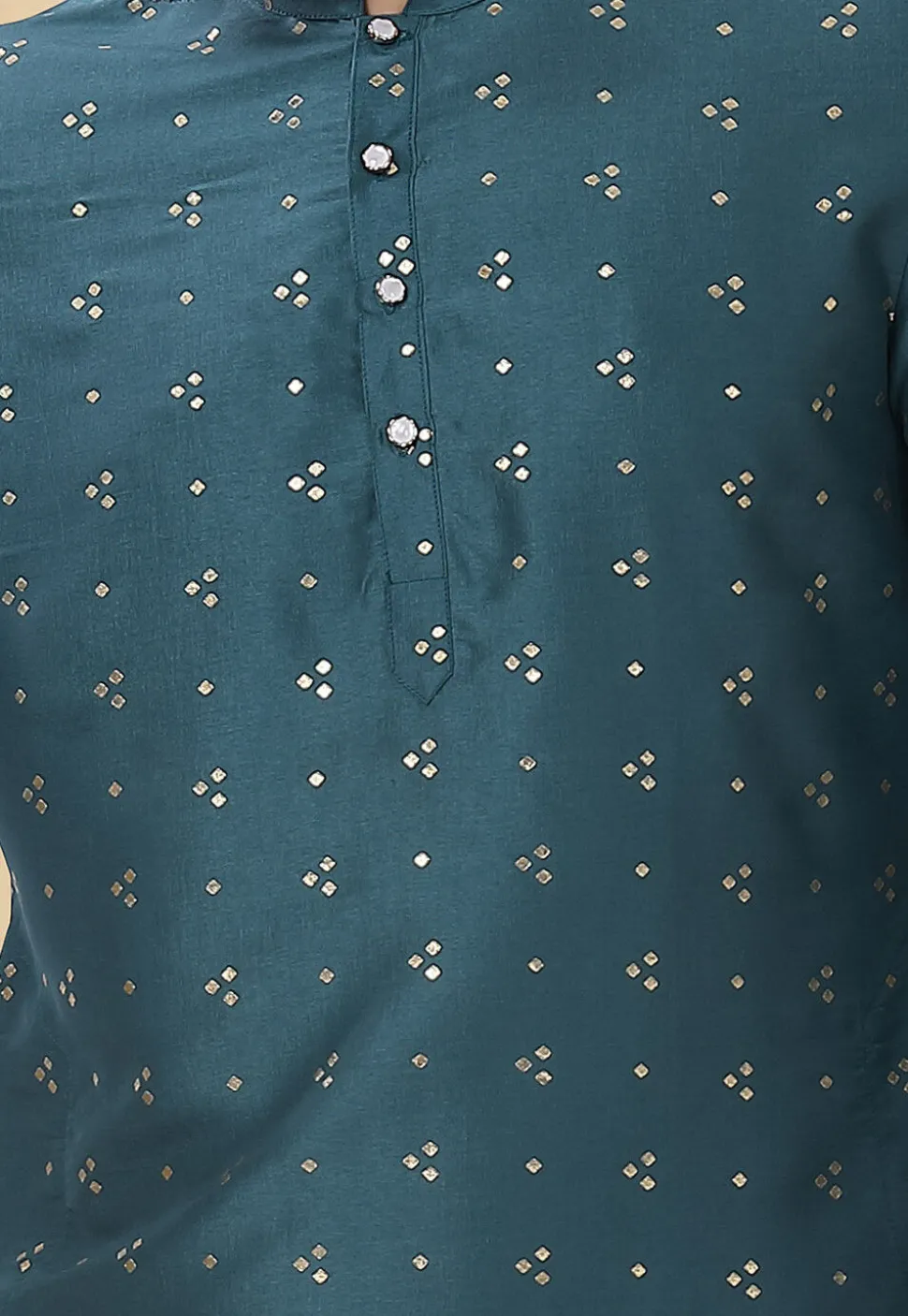 Foil Printed Art Silk Kurta Set in Teal Blue