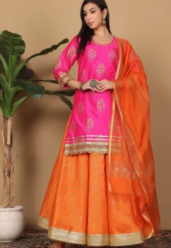 Foil Printed Art Silk Lehenga in Orange