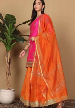 Foil Printed Art Silk Lehenga in Orange