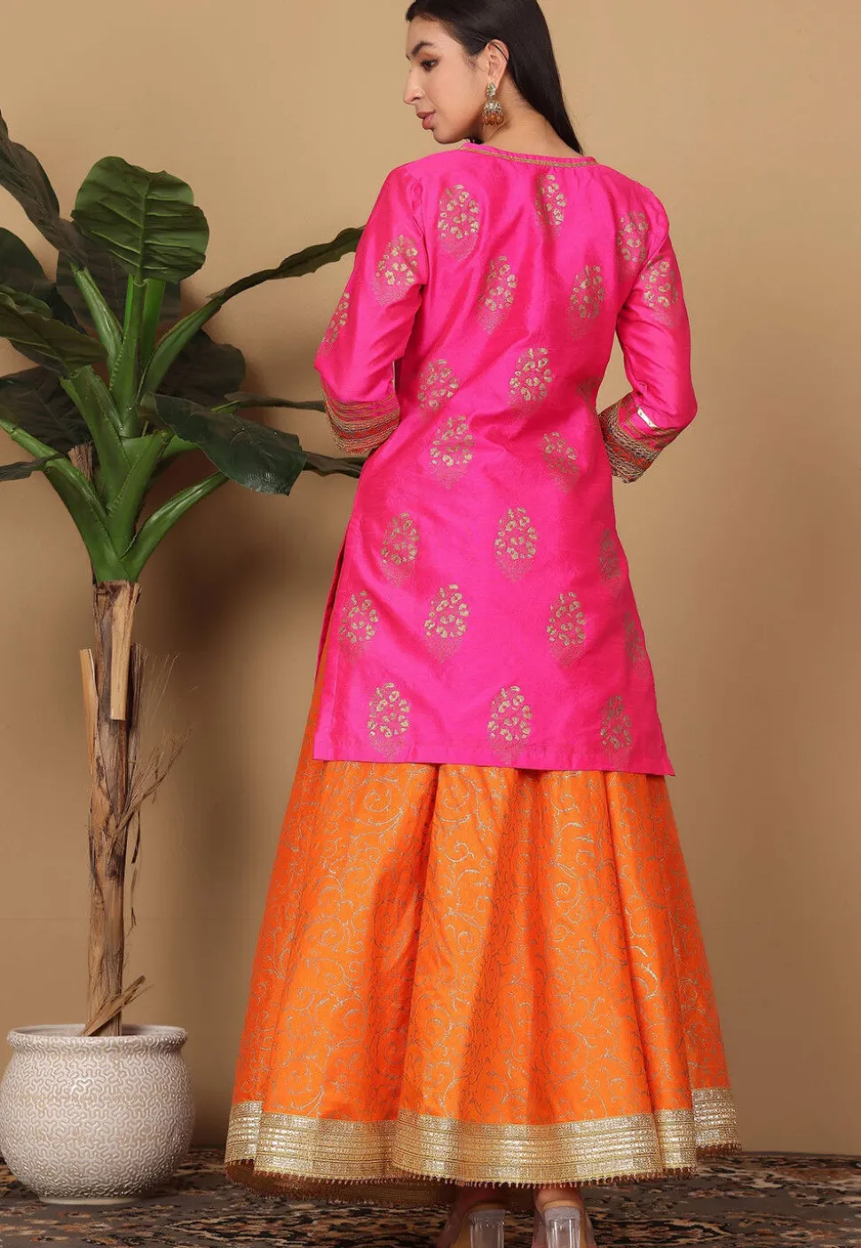 Foil Printed Art Silk Lehenga in Orange