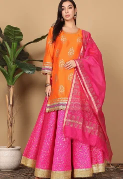 Foil Printed Art Silk Lehenga in Pink
