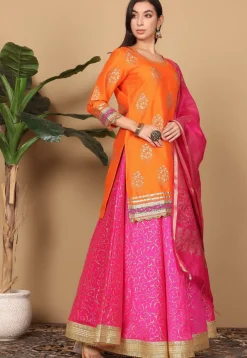 Foil Printed Art Silk Lehenga in Pink