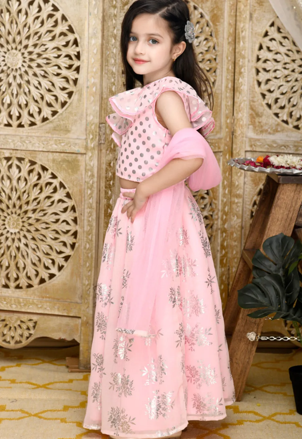 Foil Printed Art Silk Lehenga in Light Pink